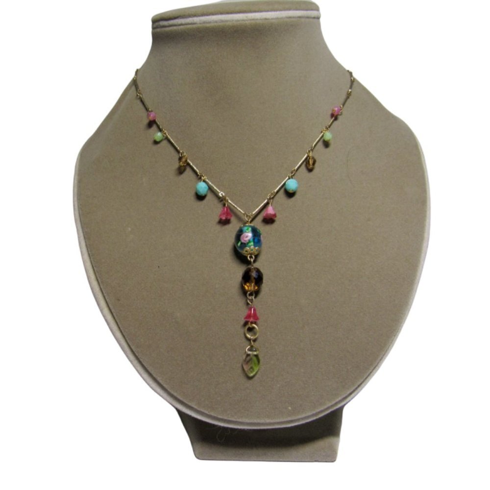 Cookie Lee Signed Delicate Boho Beaded Chain Faceted Beads Drop Pendant